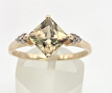 Load image into Gallery viewer, 2223 Vintage: 9ct Gold Square Cut Peridot 6 Natural Diamonds Dress Ring
