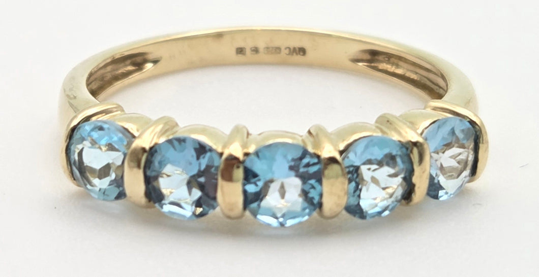2230 Vintage: 9ct Gold 5 Swiss Blue Topaz Stacker/Half-Hoop Ring