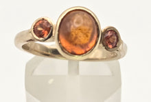 Load image into Gallery viewer, 2241 Vintage: 9ct Gold Bezel Set Orange Citrines Trilogy Ring
