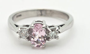 2243 Vintage; 9ct White Gold Pink Morganites Daimons 3-Stone Ring