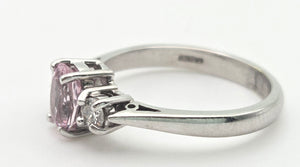 2243 Vintage; 9ct White Gold Pink Morganites Daimons 3-Stone Ring