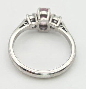 2243 Vintage; 9ct White Gold Pink Morganites Daimons 3-Stone Ring