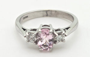 2243 Vintage; 9ct White Gold Pink Morganites Daimons 3-Stone Ring