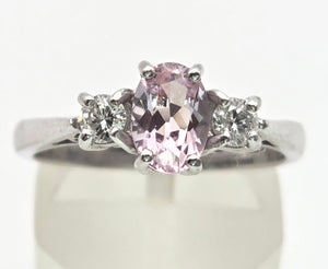 2243 Vintage; 9ct White Gold Pink Morganites Daimons 3-Stone Ring