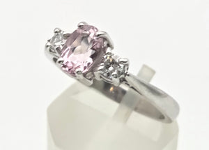 2243 Vintage; 9ct White Gold Pink Morganites Daimons 3-Stone Ring