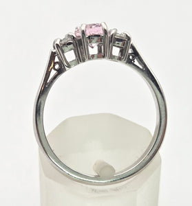 2243 Vintage; 9ct White Gold Pink Morganites Daimons 3-Stone Ring
