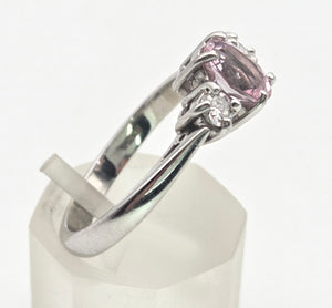 2243 Vintage; 9ct White Gold Pink Morganites Daimons 3-Stone Ring