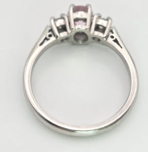 2243 Vintage; 9ct White Gold Pink Morganites Daimons 3-Stone Ring