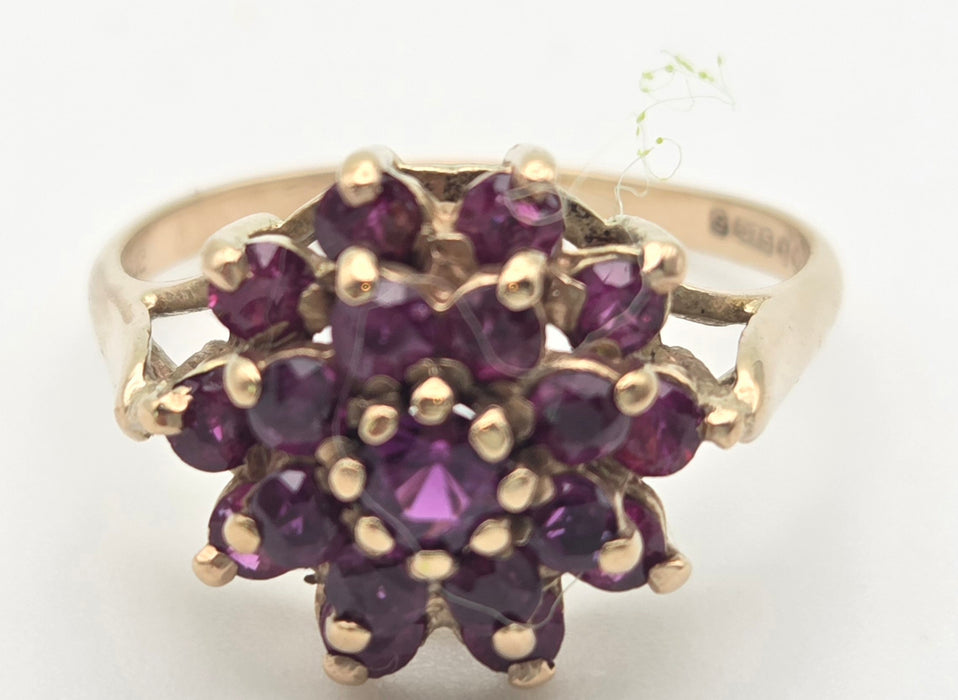 2250 Vintage: 9ct Yellow Gold Ruby Cluster Ring — From 1974