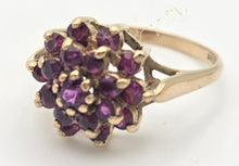 Load image into Gallery viewer, 2250 Vintage: 9ct Gold 19 Rich Red Rubies Flower Head Cluster Ring- From 1974
