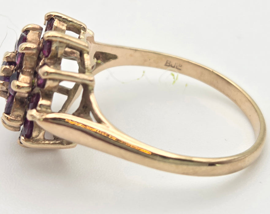 2250 Vintage: 9ct Yellow Gold Ruby Cluster Ring — From 1974