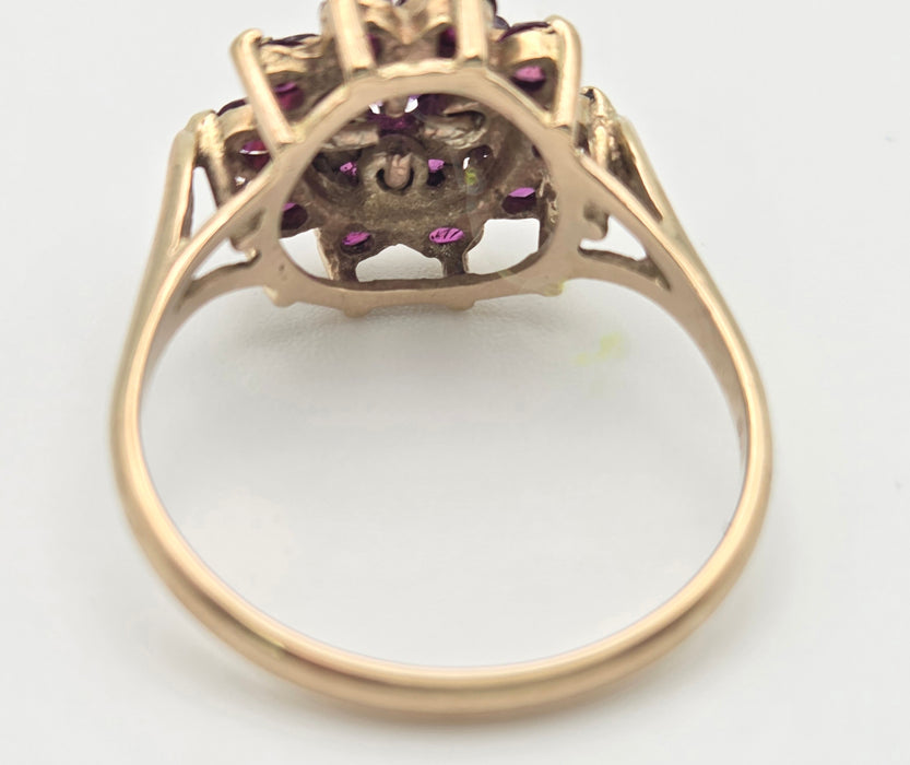 2250 Vintage: 9ct Yellow Gold Ruby Cluster Ring — From 1974
