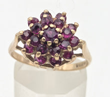 Load image into Gallery viewer, 2250 Vintage: 9ct Gold 19 Rich Red Rubies Flower Head Cluster Ring- From 1974
