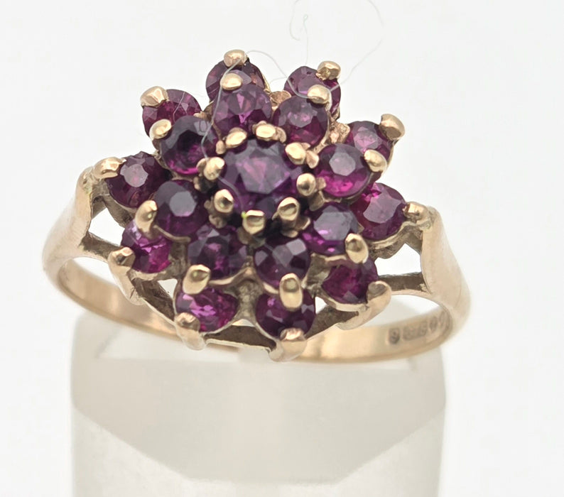 2250 Vintage: 9ct Yellow Gold Ruby Cluster Ring — From 1974