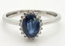 Load image into Gallery viewer, 1886 Vintage: Petite 18ct White Gold  Blue Sapphire 18 Diamonds Dress Ring
