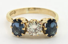 Load image into Gallery viewer, 18ct Gold Modern Brilliant Cut Diamond (0.75ct)  Cornflower Blue Sapphires 3-Stone Ring-Exceptional
