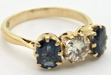 Load image into Gallery viewer, 18ct Gold Modern Brilliant Cut Diamond (0.75ct)  Cornflower Blue Sapphires 3-Stone Ring-Exceptional
