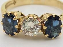Load image into Gallery viewer, 18ct Gold Modern Brilliant Cut Diamond (0.75ct)  Cornflower Blue Sapphires 3-Stone Ring-Exceptional
