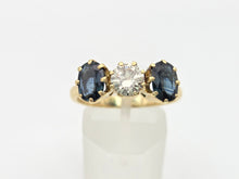 Load image into Gallery viewer, 18ct Gold Modern Brilliant Cut Diamond (0.75ct)  Cornflower Blue Sapphires 3-Stone Ring-Exceptional
