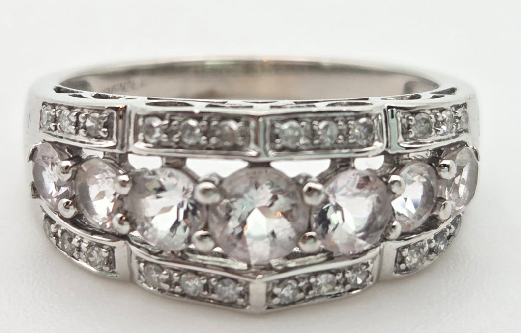 2171 Vintage: 9ct White Gold Pink Morganites 24 Natural Diamonds Openwork Ring