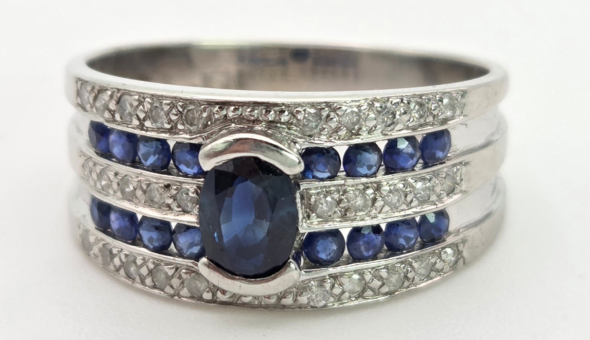 6462 Vintage: Art Deco Style 9ct White Gold Blue Sapphires Natural Diamonds Ring
