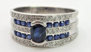 Vintage: Art Deco Style 9ct White Gold Blue Sapphires Natural Diamonds Ring