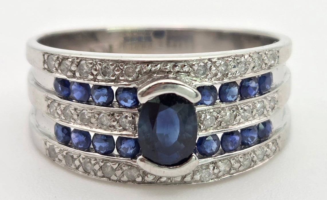 6462 Vintage: Art Deco Style 9ct White Gold Blue Sapphires Natural Diamonds Ring