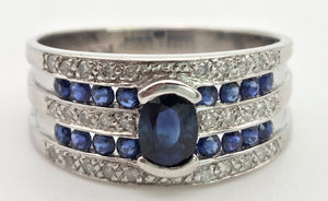 Vintage: Art Deco Style 9ct White Gold Blue Sapphires Natural Diamonds Ring