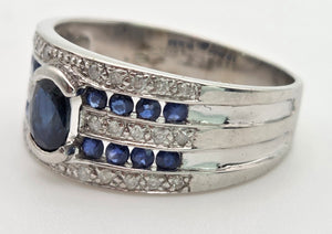 Vintage: Art Deco Style 9ct White Gold Blue Sapphires Natural Diamonds Ring