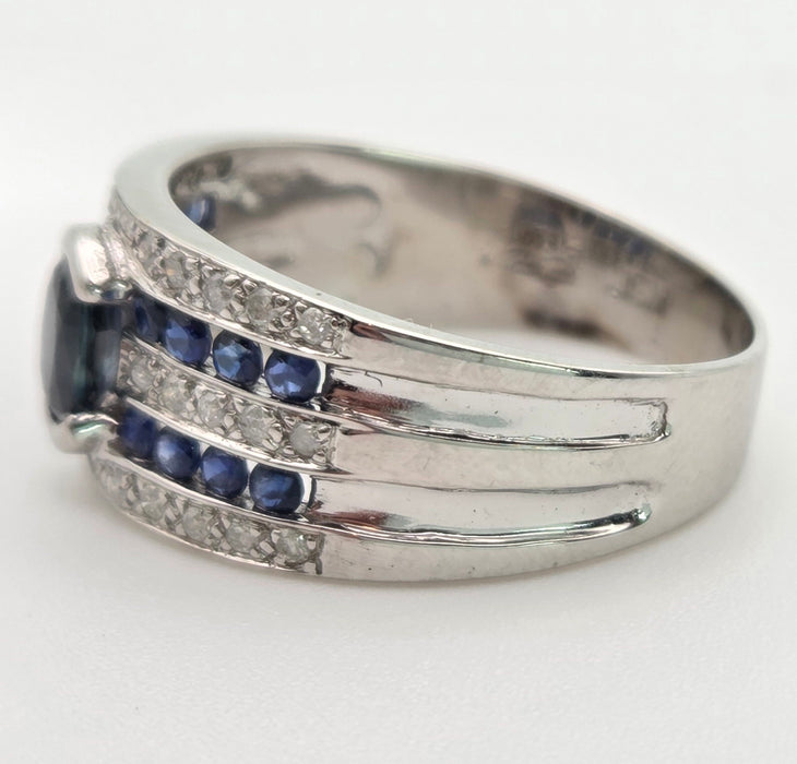 6462 Vintage: Art Deco Style 9ct White Gold Blue Sapphires Natural Diamonds Ring
