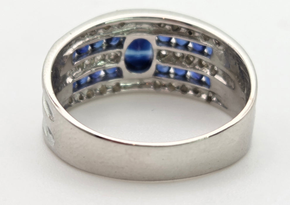 6462 Vintage: Art Deco Style 9ct White Gold Blue Sapphires Natural Diamonds Ring