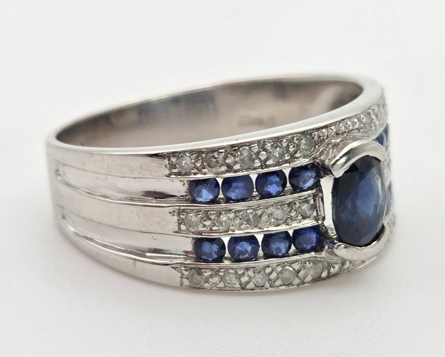 6462 Vintage: Art Deco Style 9ct White Gold Blue Sapphires Natural Diamonds Ring