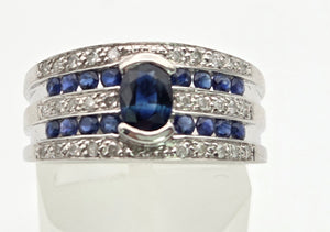 Vintage: Art Deco Style 9ct White Gold Blue Sapphires Natural Diamonds Ring