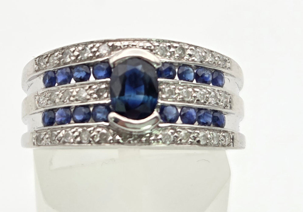 6462 Vintage: Art Deco Style 9ct White Gold Blue Sapphires Natural Diamonds Ring