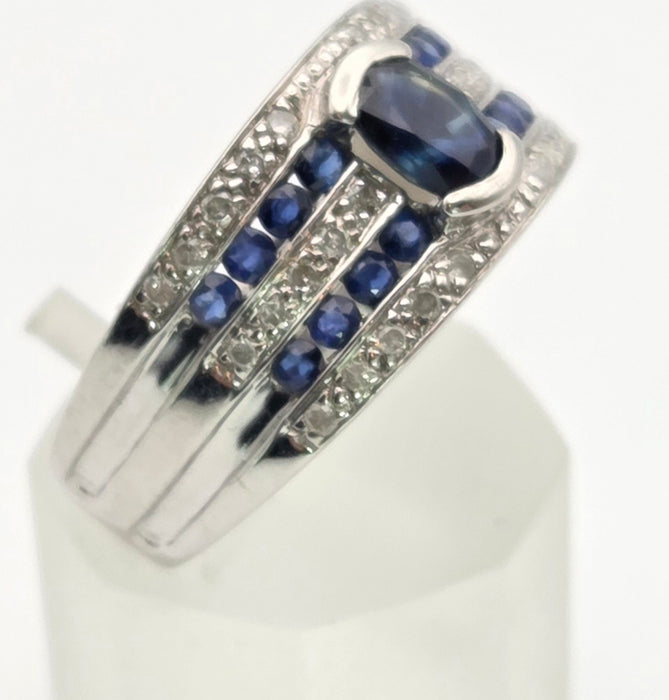 6462 Vintage: Art Deco Style 9ct White Gold Blue Sapphires Natural Diamonds Ring