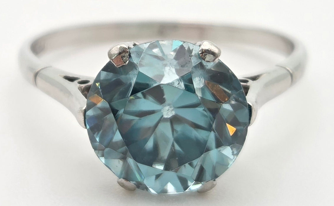 2191 Platinum Round Faceted Cut Blue Zircon Single Stone Ring