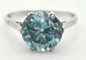 platinum Round Faceted Cut Blue Zircon Single Stone Ring