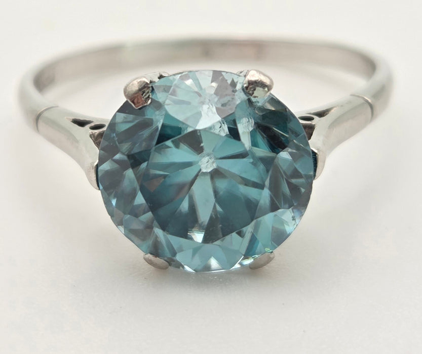 2191 Platinum Round Faceted Cut Blue Zircon Single Stone Ring