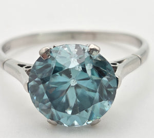 platinum Round Faceted Cut Blue Zircon Single Stone Ring