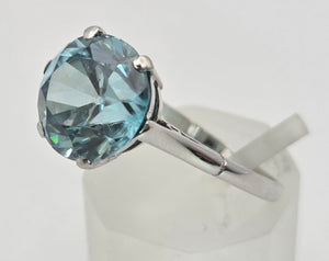 platinum Round Faceted Cut Blue Zircon Single Stone Ring