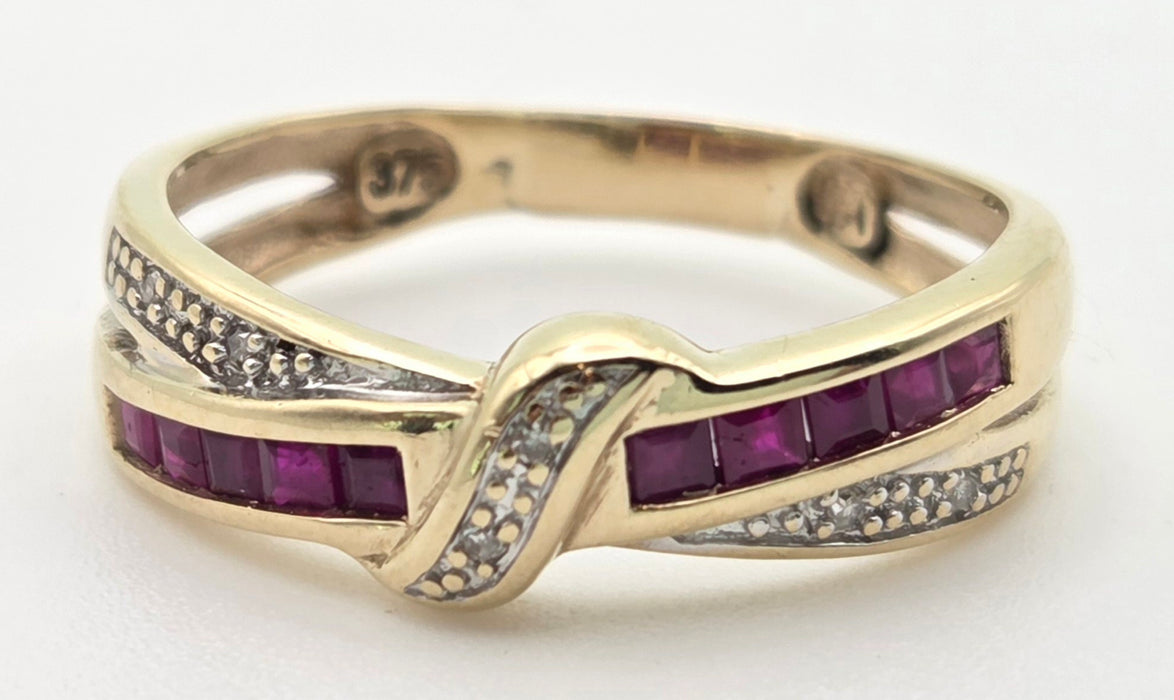 6468 Vintage: 9ct Gold Rubies Natural Diamonds Crossover Dress/Stacker Ring