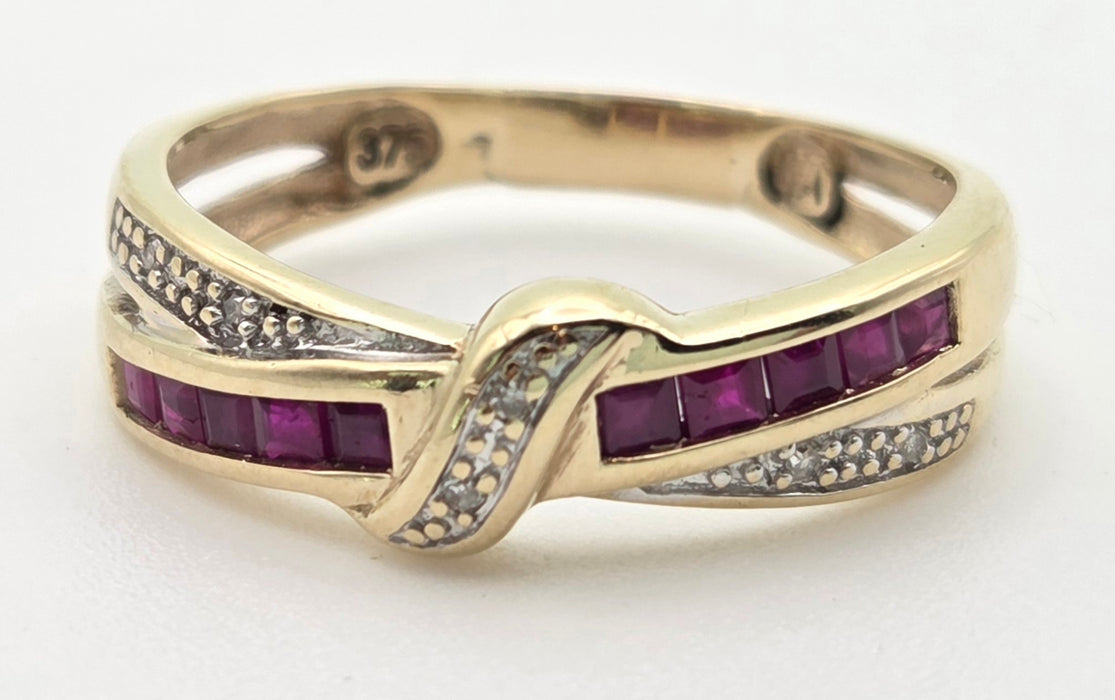 6468 Vintage: 9ct Gold Rubies Natural Diamonds Crossover Dress/Stacker Ring