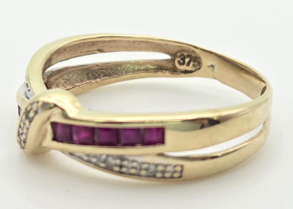 6468 Vintage: 9ct Gold Rubies Natural Diamonds Crossover Dress/Stacker Ring