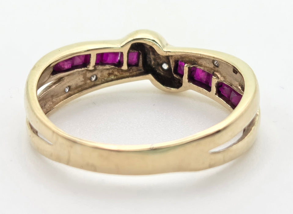 6468 Vintage: 9ct Gold Rubies Natural Diamonds Crossover Dress/Stacker Ring