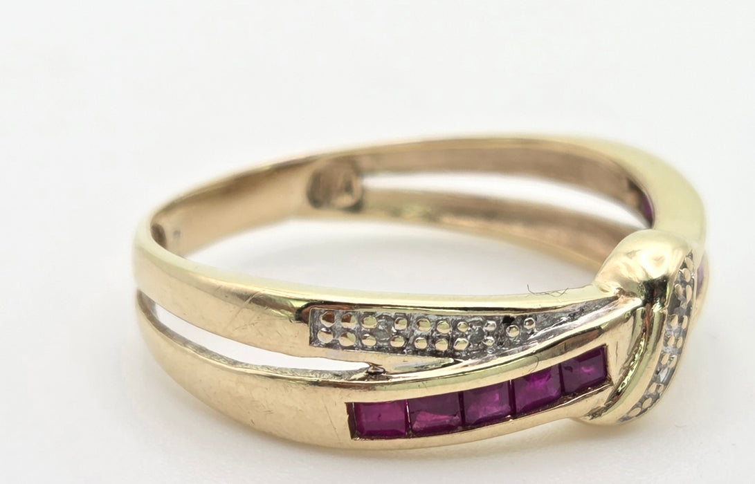 6468 Vintage: 9ct Gold Rubies Natural Diamonds Crossover Dress/Stacker Ring