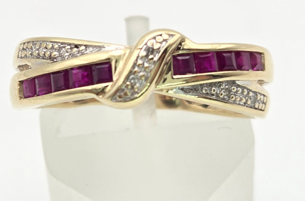 6468 Vintage: 9ct Gold Rubies Natural Diamonds Crossover Dress/Stacker Ring