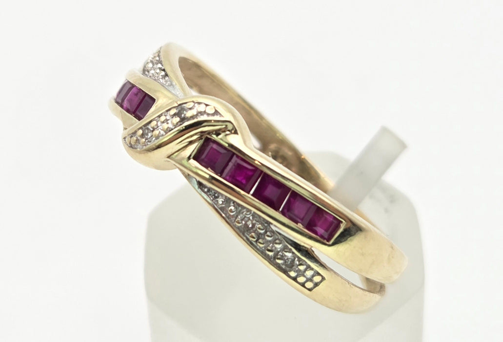 6468 Vintage: 9ct Gold Rubies Natural Diamonds Crossover Dress/Stacker Ring