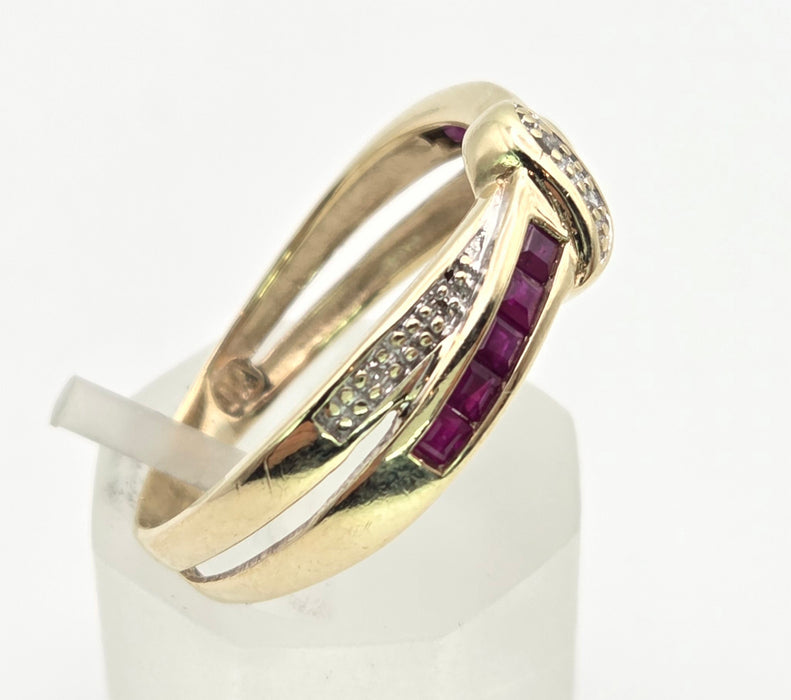 6468 Vintage: 9ct Gold Rubies Natural Diamonds Crossover Dress/Stacker Ring