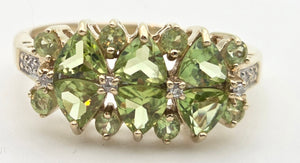 2272 Vintage: 9ct Gold Peridots Natural Diamonds Cluster Ring