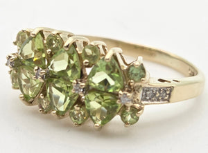 2272 Vintage: 9ct Gold Peridots Natural Diamonds Cluster Ring